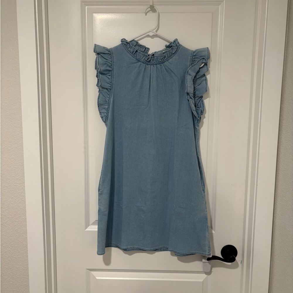 JODIFL Light Blue Denim Ruffle Sleeve Mini Dress